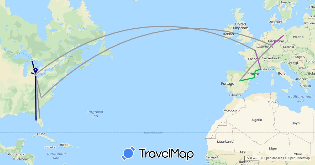 TravelMap itinerary: driving, bus, plane, train, boat in Germany, Spain, France, United States (Europe, North America)